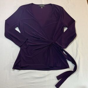 Black Label by Evan-Picone Long Sleeve Purple Tie Front V Neck Shirt , Size M